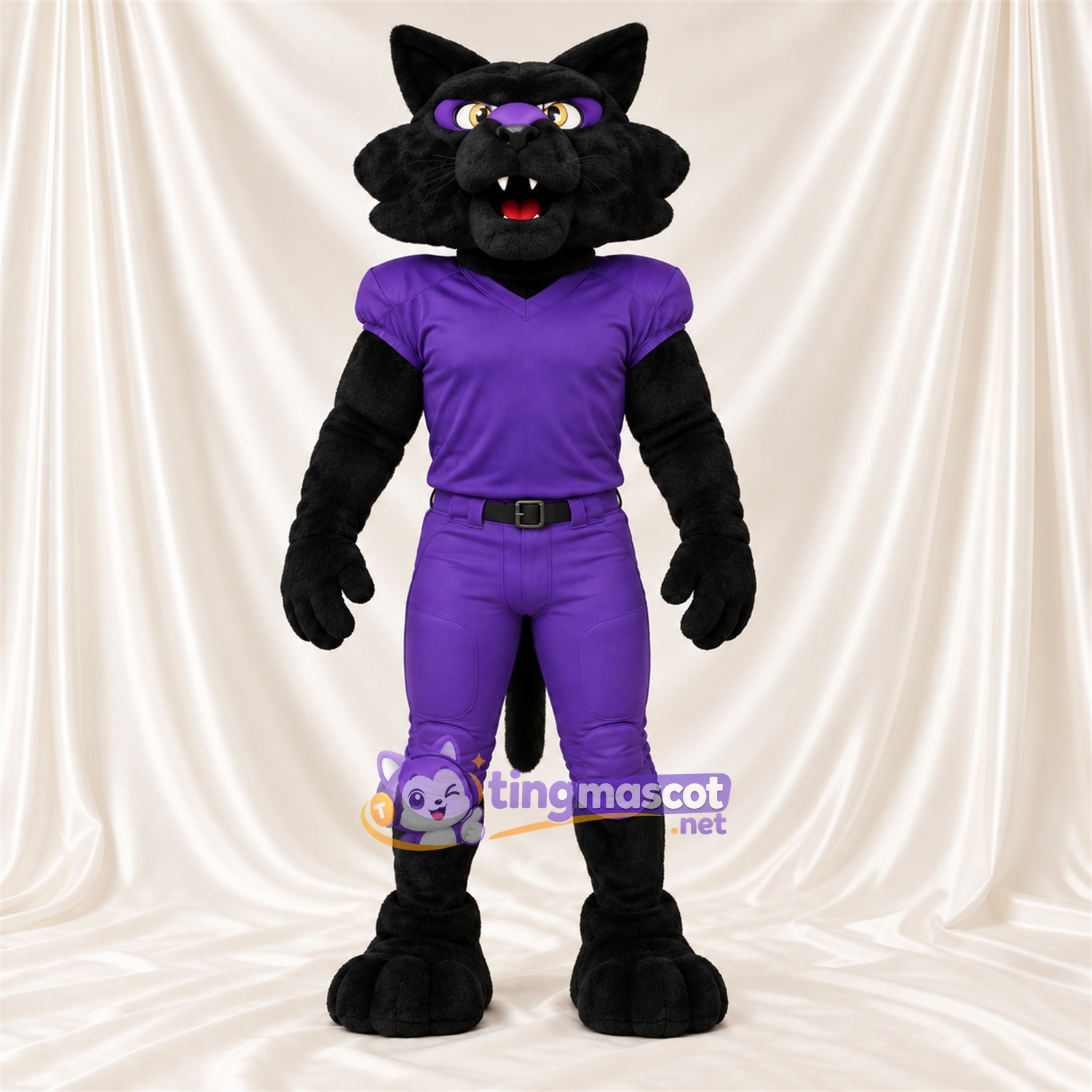 Black Wildcat Mascot Costume - Purple Outfit and Eye Mask Black Wildcat Mascot Costume - Purple Outfit and Eye Mask