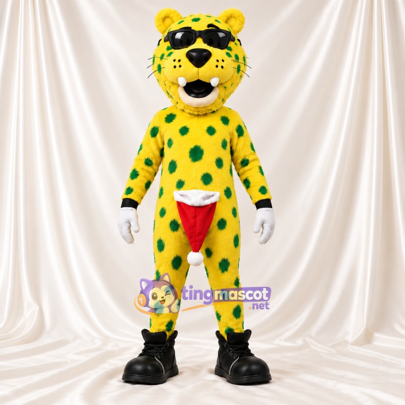 Maskottchenkostüm Gefleckte Katze – gelb – Flecken (grün); Sonnenbrille Maskottchenkostüm Gefleckte Katze – gelb – Flecken (grün); Sonnenbrille