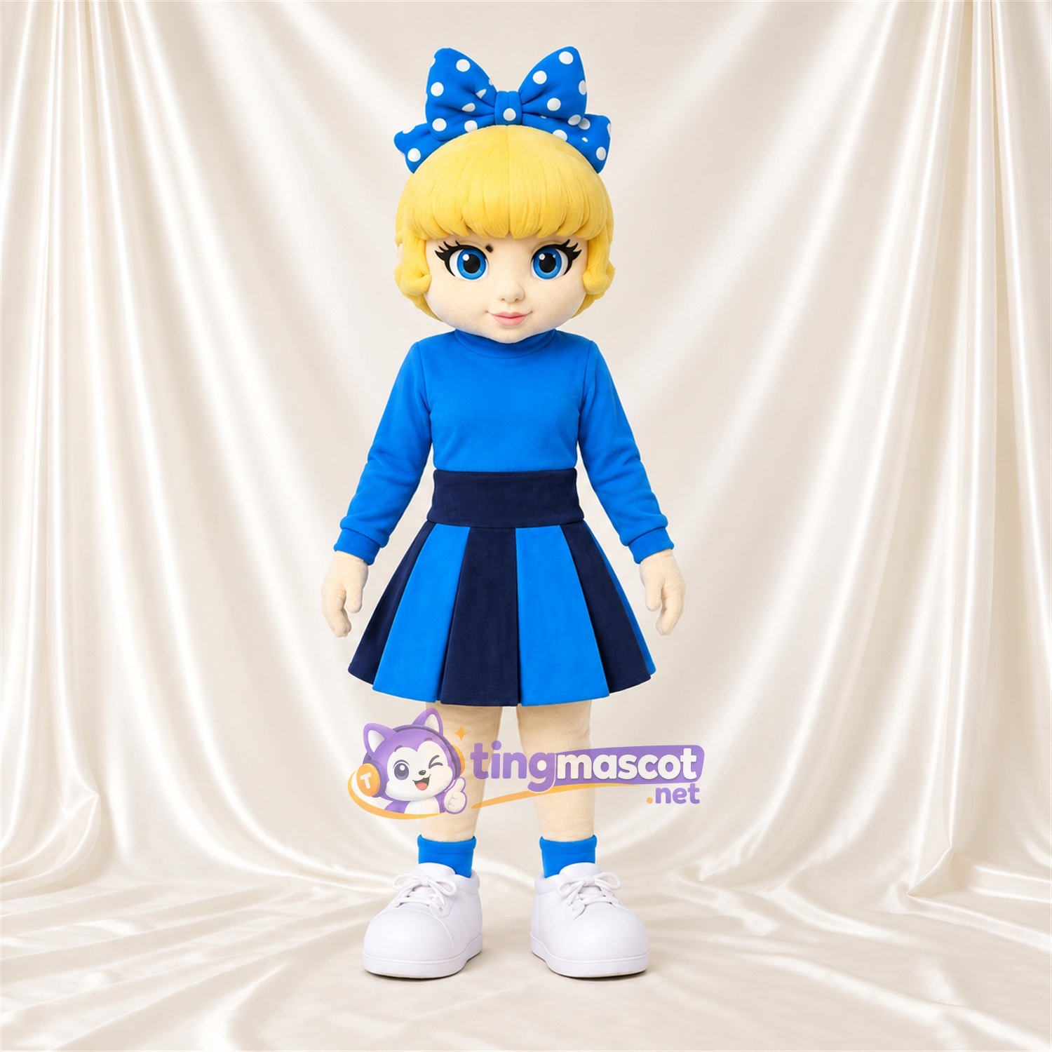 Maskottchenkostüm Comic-Mädchen – blau – Kleid (blau); Schleife Maskottchenkostüm Comic-Mädchen – blau – Kleid (blau); Schleife