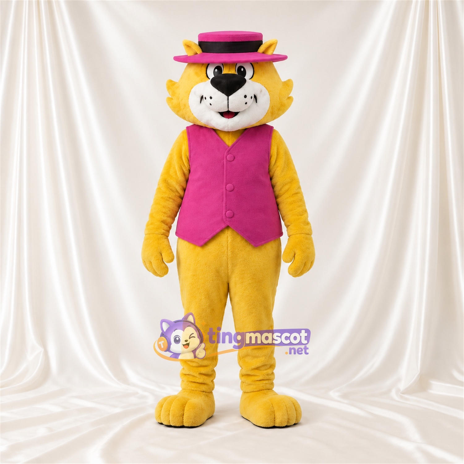 Costume de mascotte Chat – jaune – Gilet (rose); Haut-de-forme Costume de mascotte Chat – jaune – Gilet (rose); Haut-de-forme
