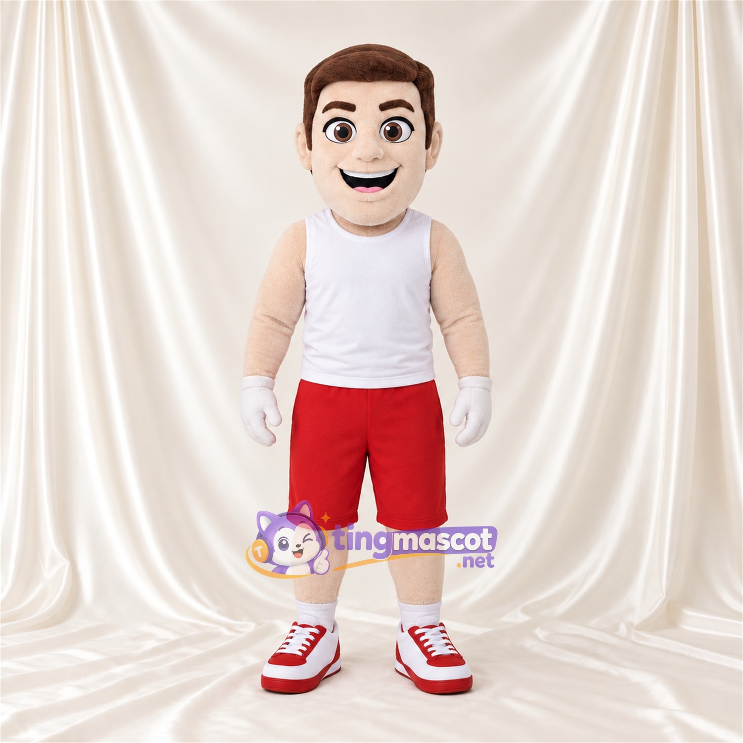 Cartoon Man Mascot Costume - White Shirt and Red Shorts Cartoon Man Mascot Costume - White Shirt and Red Shorts