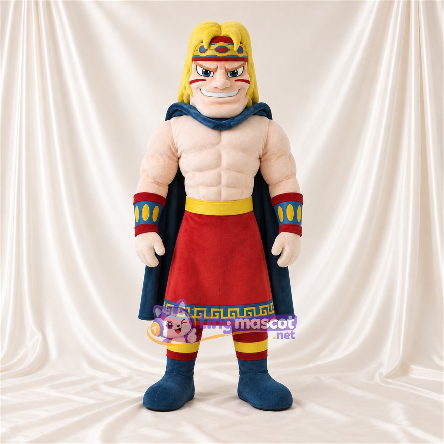 Maskottchenkostüm Krieger – blau / rot / goldfarben – Umhang (blau); Rock (rot) Maskottchenkostüm Krieger – blau / rot / goldfarben – Umhang (blau); Rock (rot)