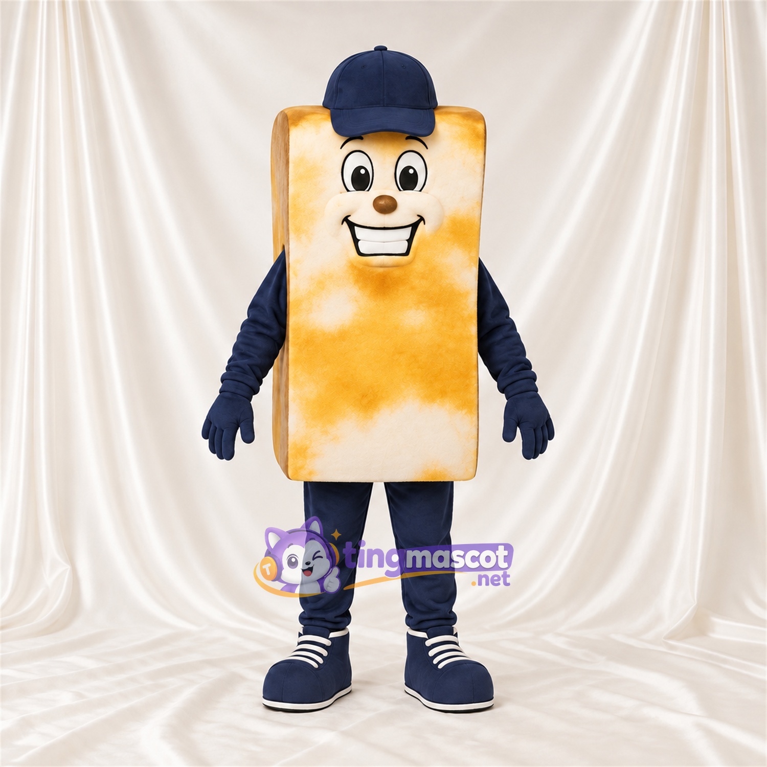 Maskottchenkostüm Brotscheibe – goldbraun – Kappe (blau); Handschuhe Maskottchenkostüm Brotscheibe – goldbraun – Kappe (blau); Handschuhe