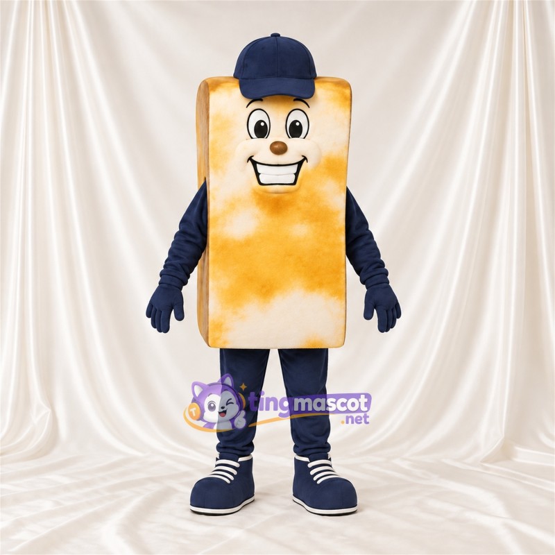 Maskottchenkostüm Brotscheibe – goldbraun – Kappe (blau); Handschuhe Maskottchenkostüm Brotscheibe – goldbraun – Kappe (blau); Handschuhe