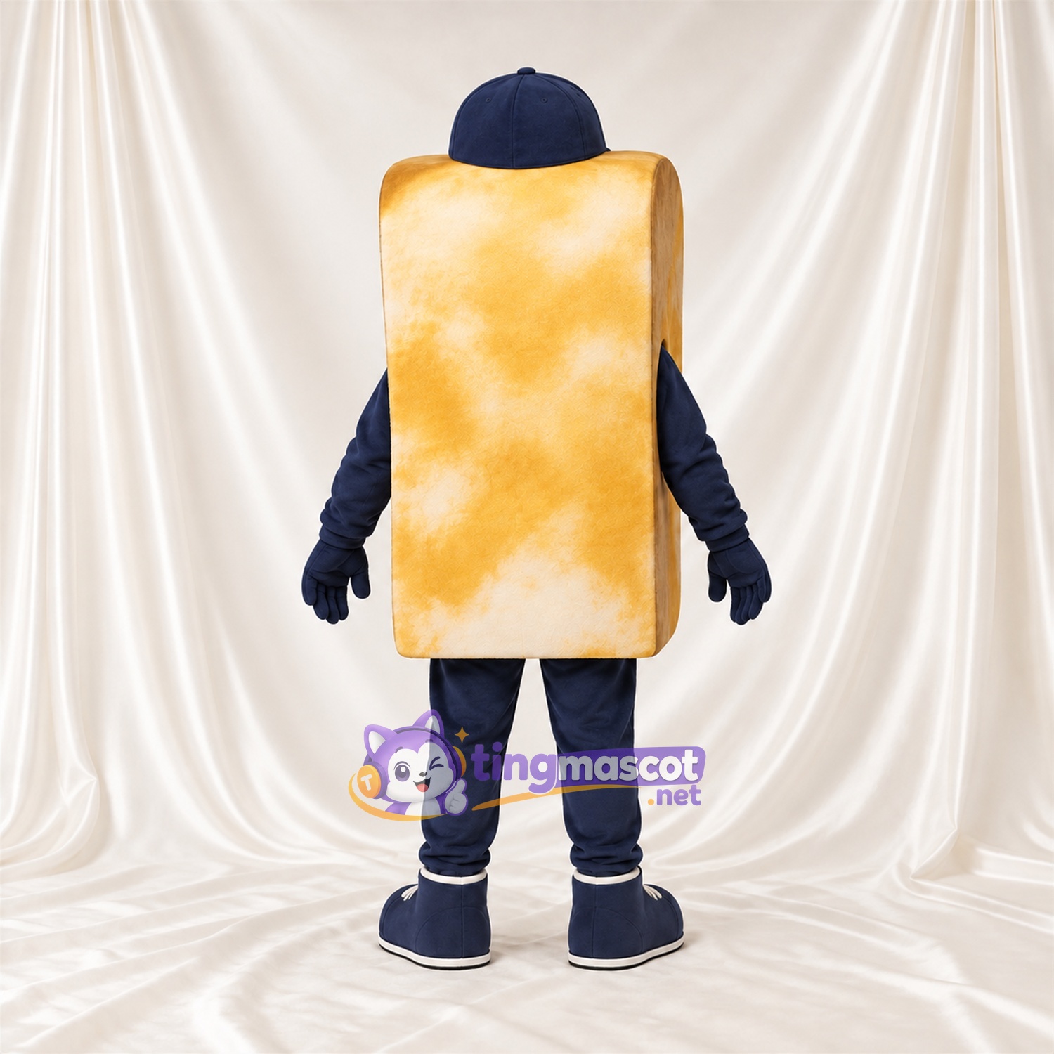 Maskottchenkostüm Brotscheibe – goldbraun – Kappe (blau); Handschuhe Maskottchenkostüm Brotscheibe – goldbraun – Kappe (blau); Handschuhe