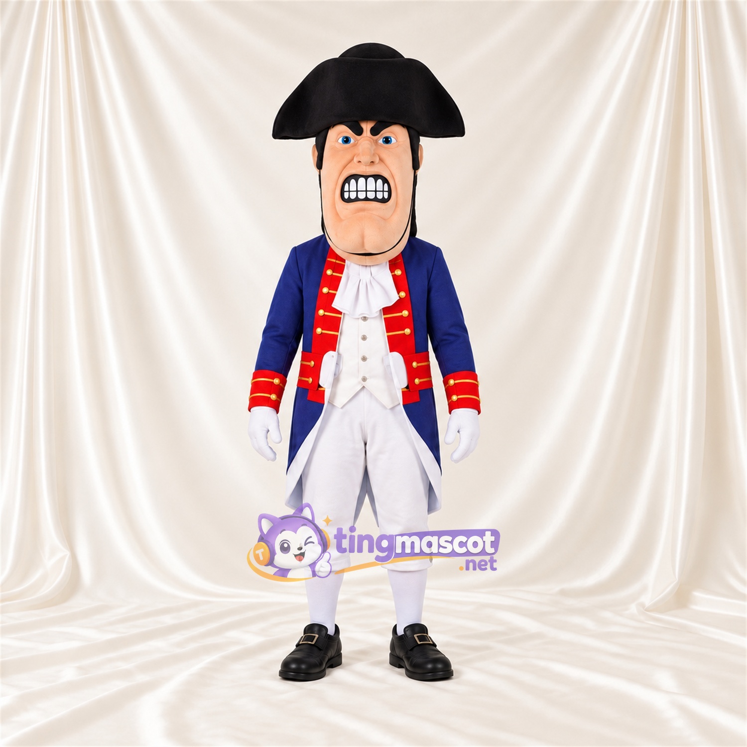 Costume de mascotte Patriote – bleu / blanc / noir – Manteau (bleu); Pantalon (blanc)