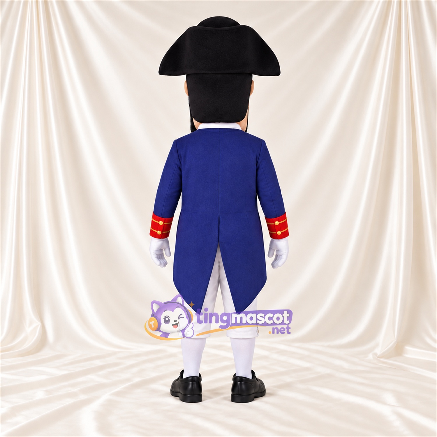 Costume de mascotte Patriote – bleu / blanc / noir – Manteau (bleu); Pantalon (blanc)