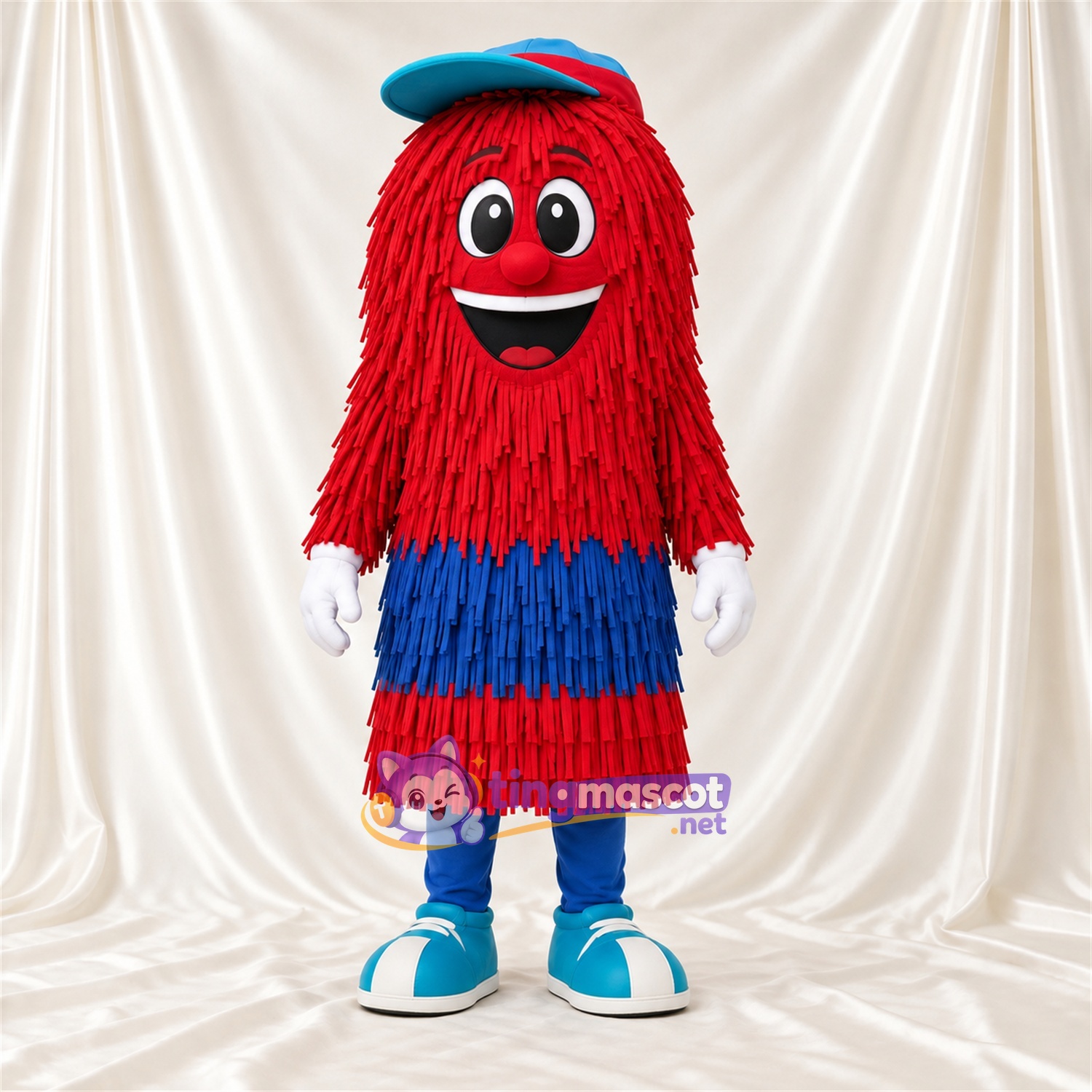 Costume de mascotte Monstre hirsute – rouge / bleu – Casquette (bleu); Gants (blanc) Costume de mascotte Monstre hirsute – rouge / bleu – Casquette (bleu); Gants (blanc)