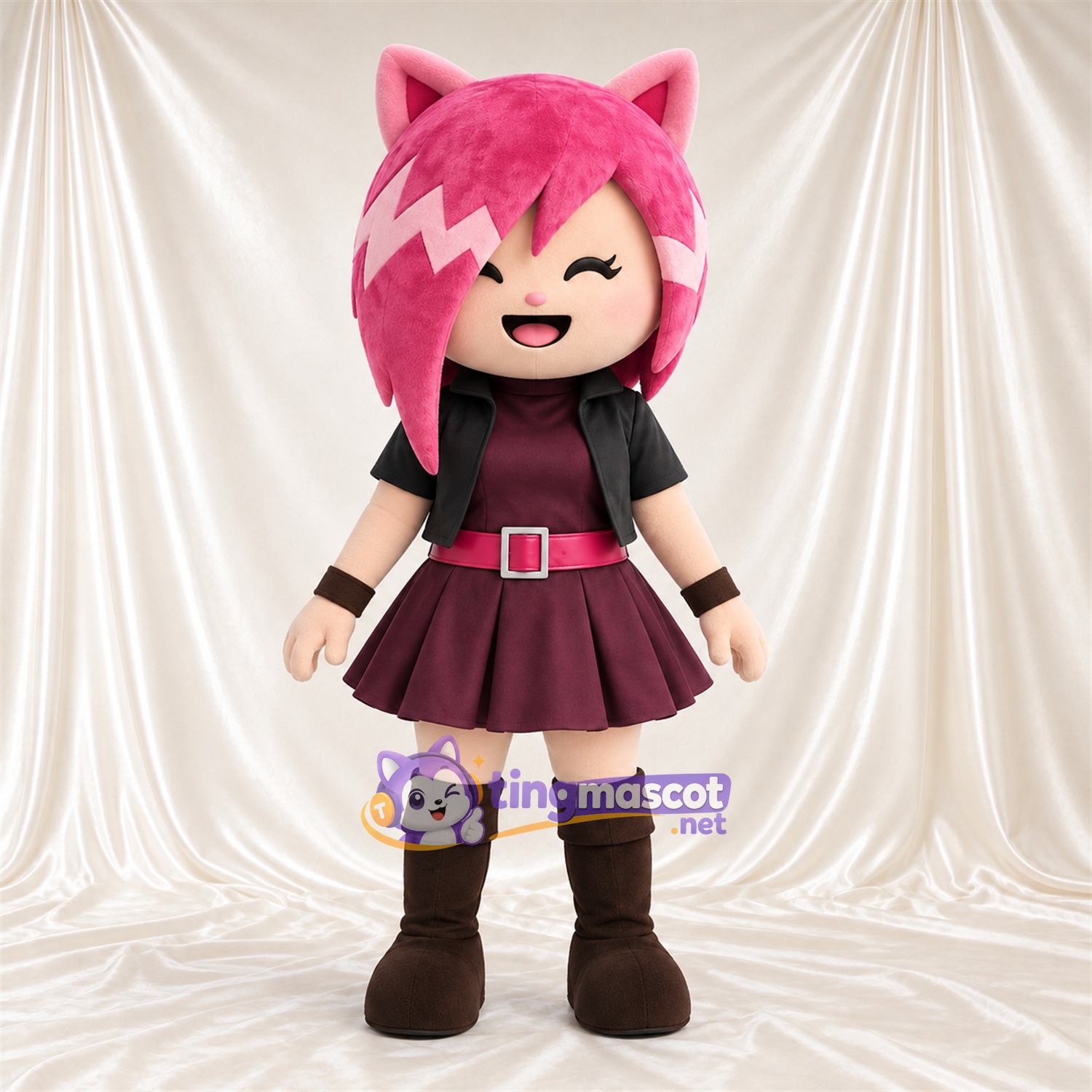 Costume de mascotte Fille chat – rose / bordeaux – Cheveux (rose); Tenue (bordeaux) Costume de mascotte Fille chat – rose / bordeaux – Cheveux (rose); Tenue (bordeaux)