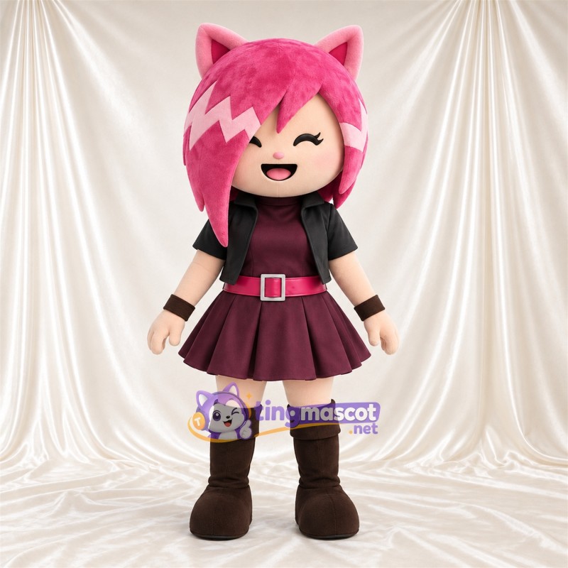 Costume de mascotte Fille chat – rose / bordeaux – Cheveux (rose); Tenue (bordeaux) Costume de mascotte Fille chat – rose / bordeaux – Cheveux (rose); Tenue (bordeaux)