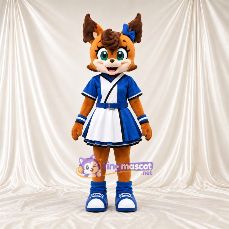 Brown Squirrel Mascot Costume - Blue and White Dress Brown Squirrel Mascot Costume - Blue and White Dress