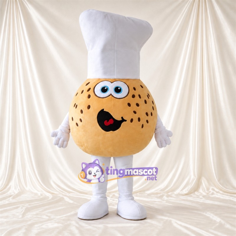 Costume de mascotte Biscuit cuisinier – brun clair – Toque de chef (blanc) Costume de mascotte Biscuit cuisinier – brun clair – Toque de chef (blanc)