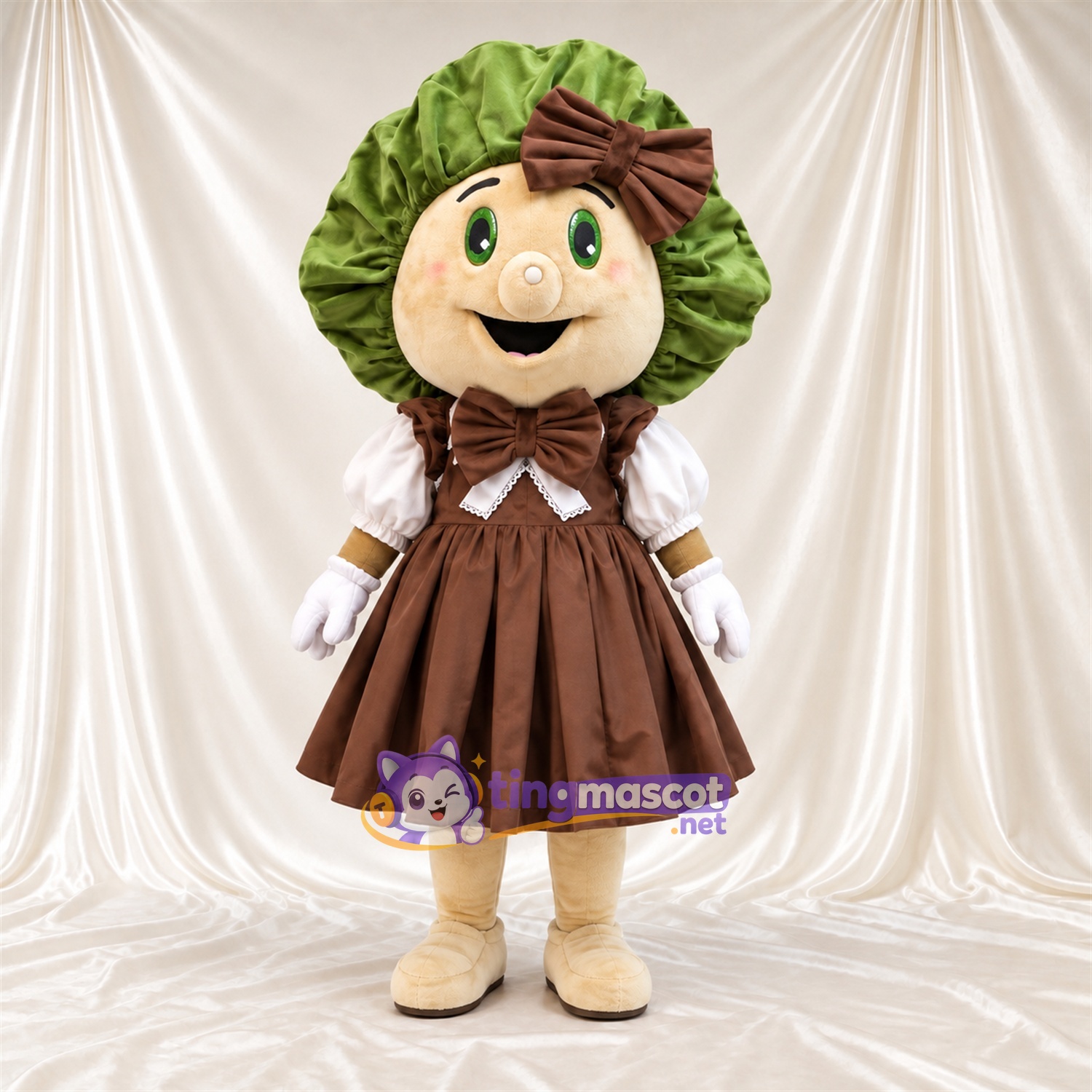 Costume de mascotte Chou – vert / marron – Robe (marron); Nœud Costume de mascotte Chou – vert / marron – Robe (marron); Nœud