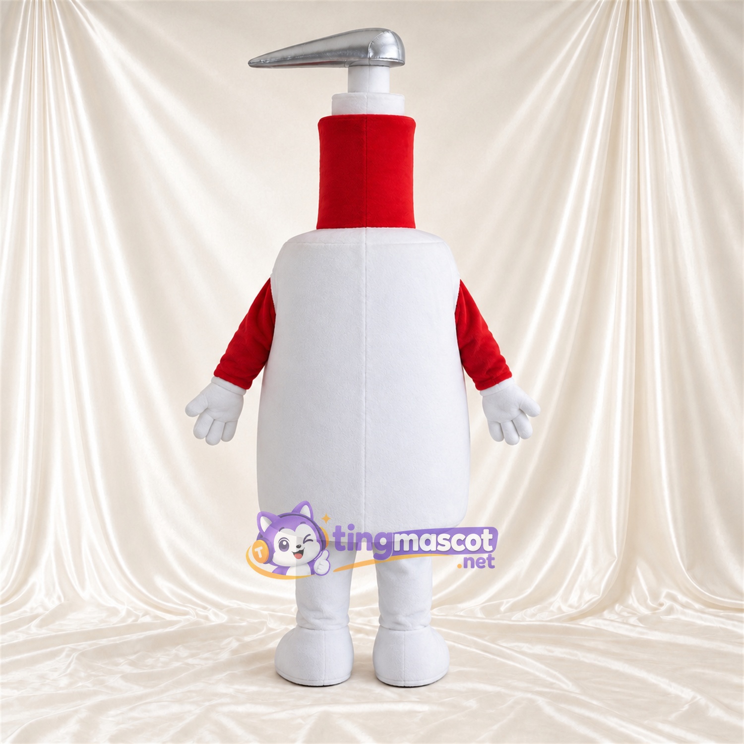 Costume de mascotte Flacon à pompe – rouge / blanc – Pompe (argenté) Costume de mascotte Flacon à pompe – rouge / blanc – Pompe (argenté)