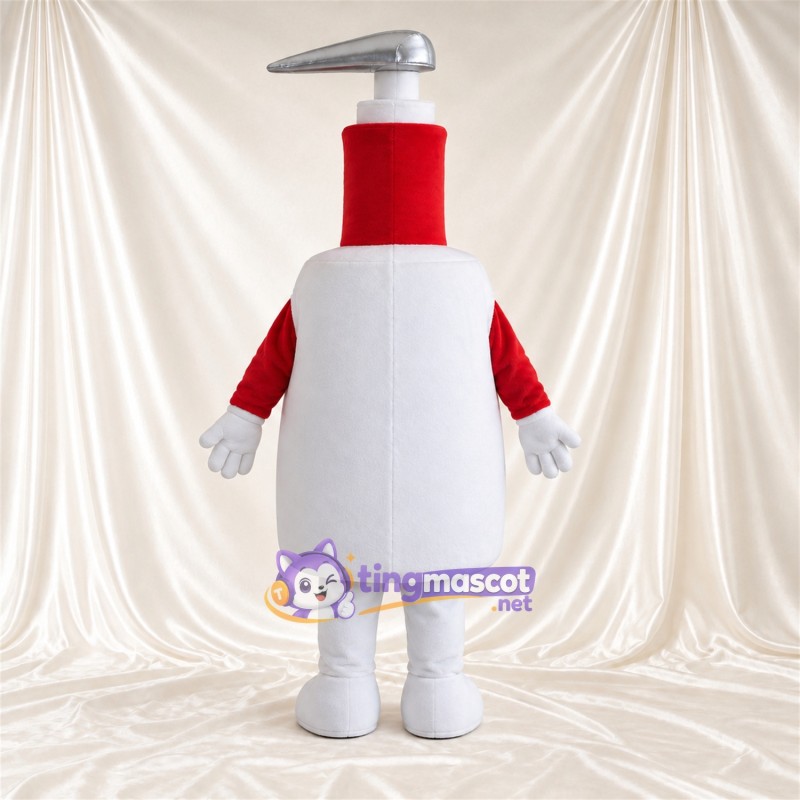 Costume de mascotte Flacon à pompe – rouge / blanc – Pompe (argenté) Costume de mascotte Flacon à pompe – rouge / blanc – Pompe (argenté)