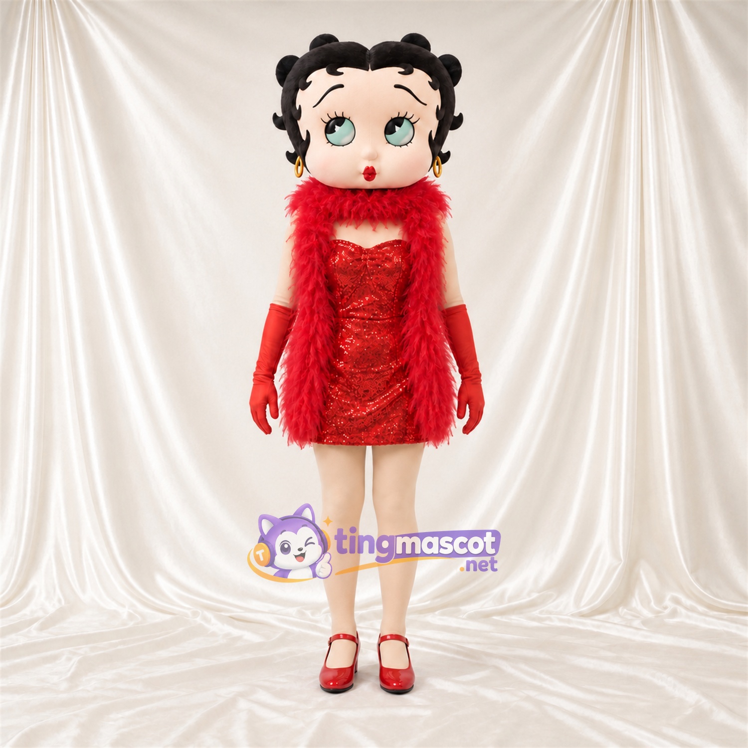 Cartoon Girl Mascot Costume - Red Dress and Feather Boa Cartoon Girl Mascot Costume - Red Dress and Feather Boa