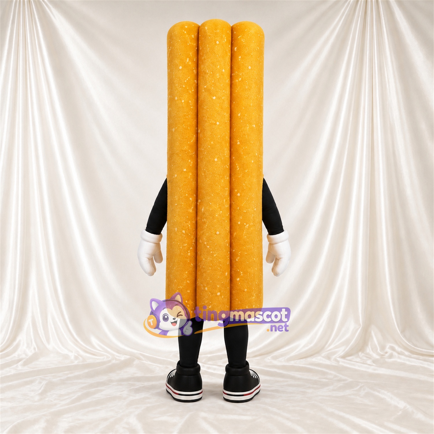 Costume de mascotte Bâtonnet de pâte frite – brun doré – Gants (blanc) Costume de mascotte Bâtonnet de pâte frite – brun doré – Gants (blanc)