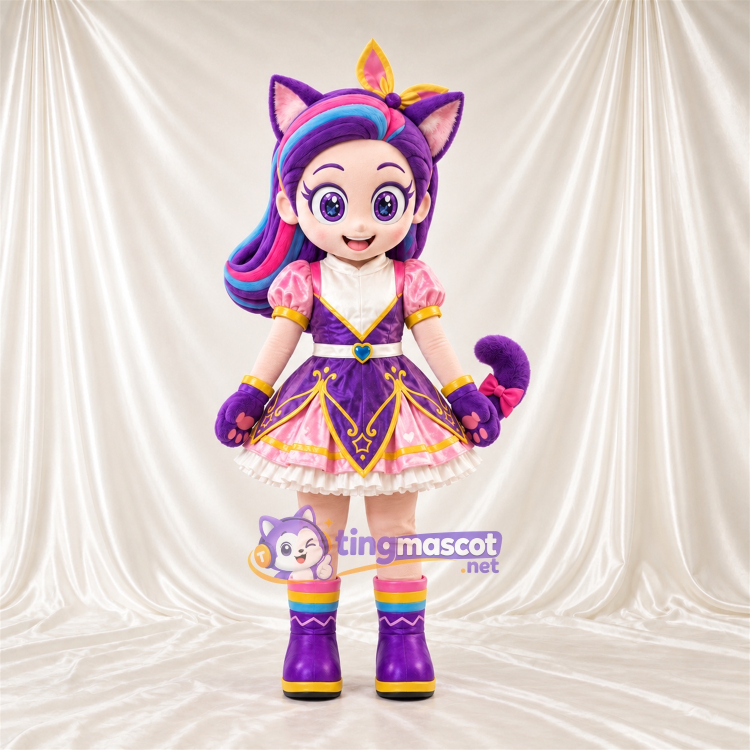 Princess Mascot Costume - Purple Dress and Fox Ears, Long Tail and Purple and Pink Hair Princess Mascot Costume - Purple Dress and Fox Ears, Long Tail and Purple and Pink Hair