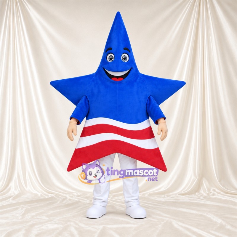 Costume de mascotte Étoile – bleu – Rayures (rouge / blanc) Costume de mascotte Étoile – bleu – Rayures (rouge / blanc)