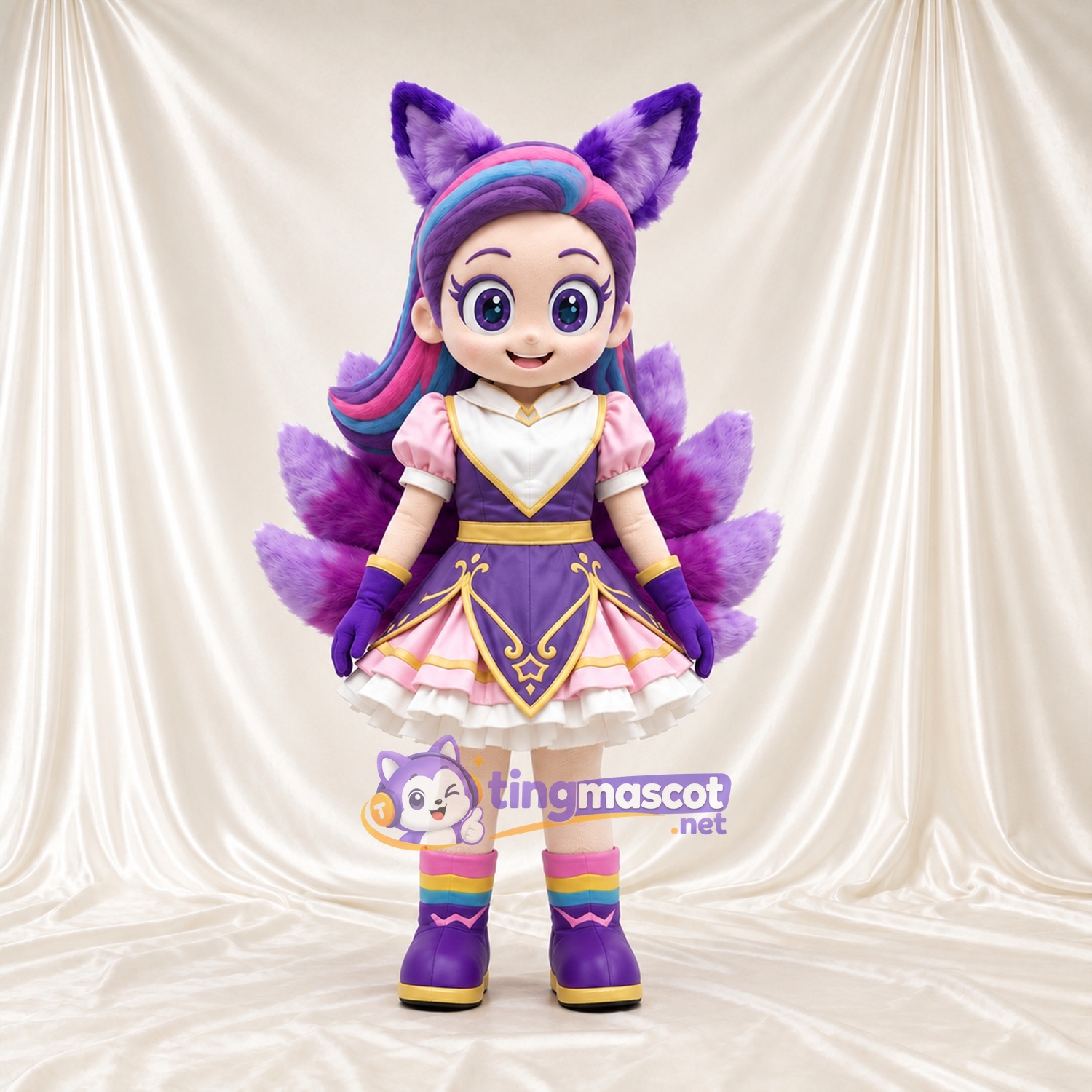 Princess Mascot Costume - Purple Dress and Fox Ears, Multiple Tails and Purple and Pink Hair Princess Mascot Costume - Purple Dress and Fox Ears, Multiple Tails and Purple and Pink Hair