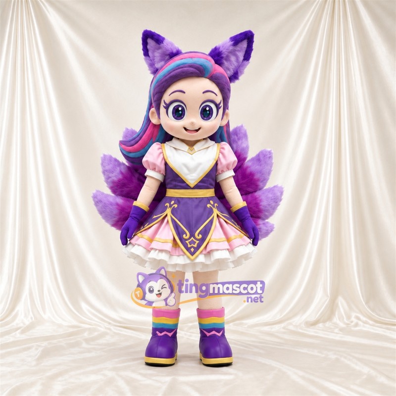 Princess Mascot Costume - Purple Dress and Fox Ears, Multiple Tails and Purple and Pink Hair Princess Mascot Costume - Purple Dress and Fox Ears, Multiple Tails and Purple and Pink Hair