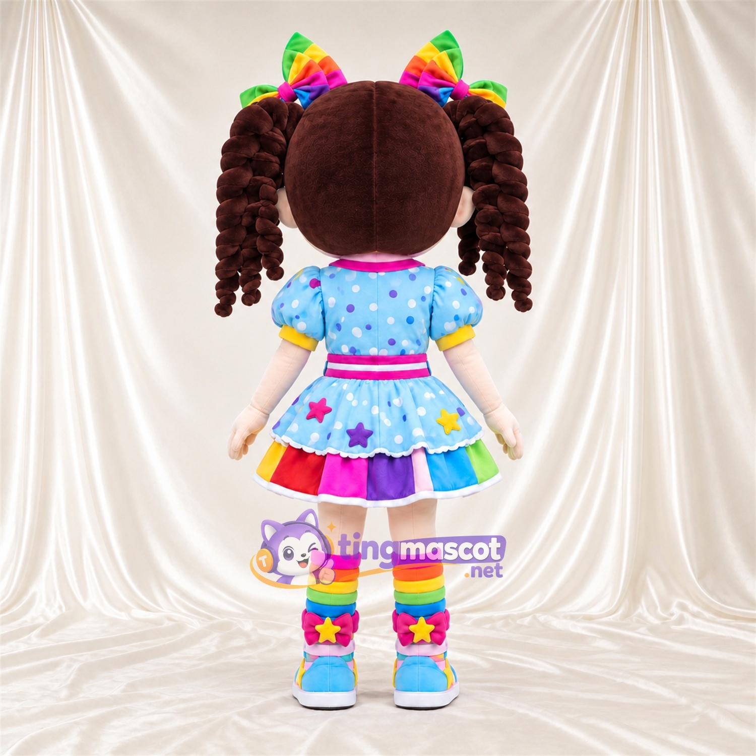 Maskottchenkostüm Clown – Regenbogenfarben – Kleid (Regenbogenfarben); Schleifen Maskottchenkostüm Clown – Regenbogenfarben – Kleid (Regenbogenfarben); Schleifen