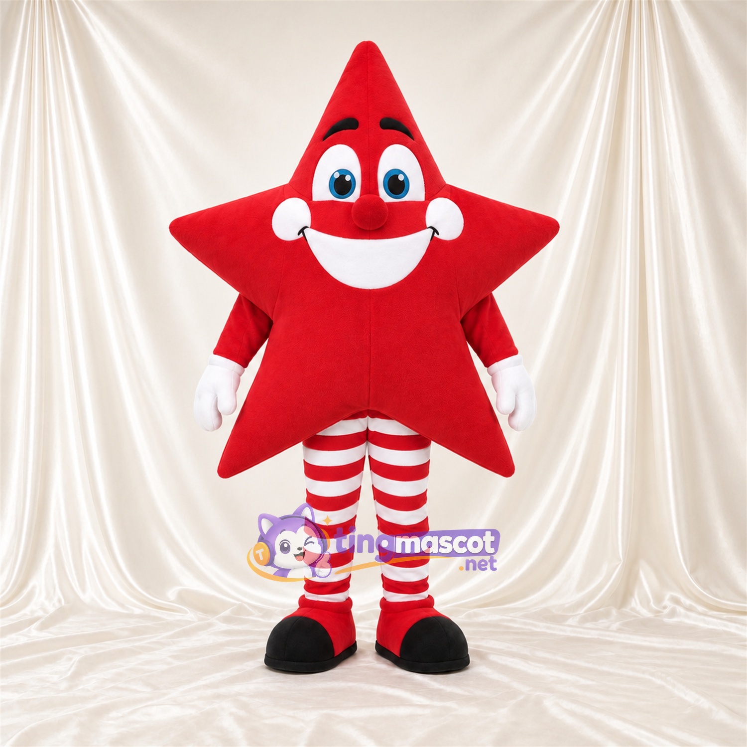 Costume de mascotte Étoile – rouge – Jambes rayées (rouge / blanc) Costume de mascotte Étoile – rouge – Jambes rayées (rouge / blanc)