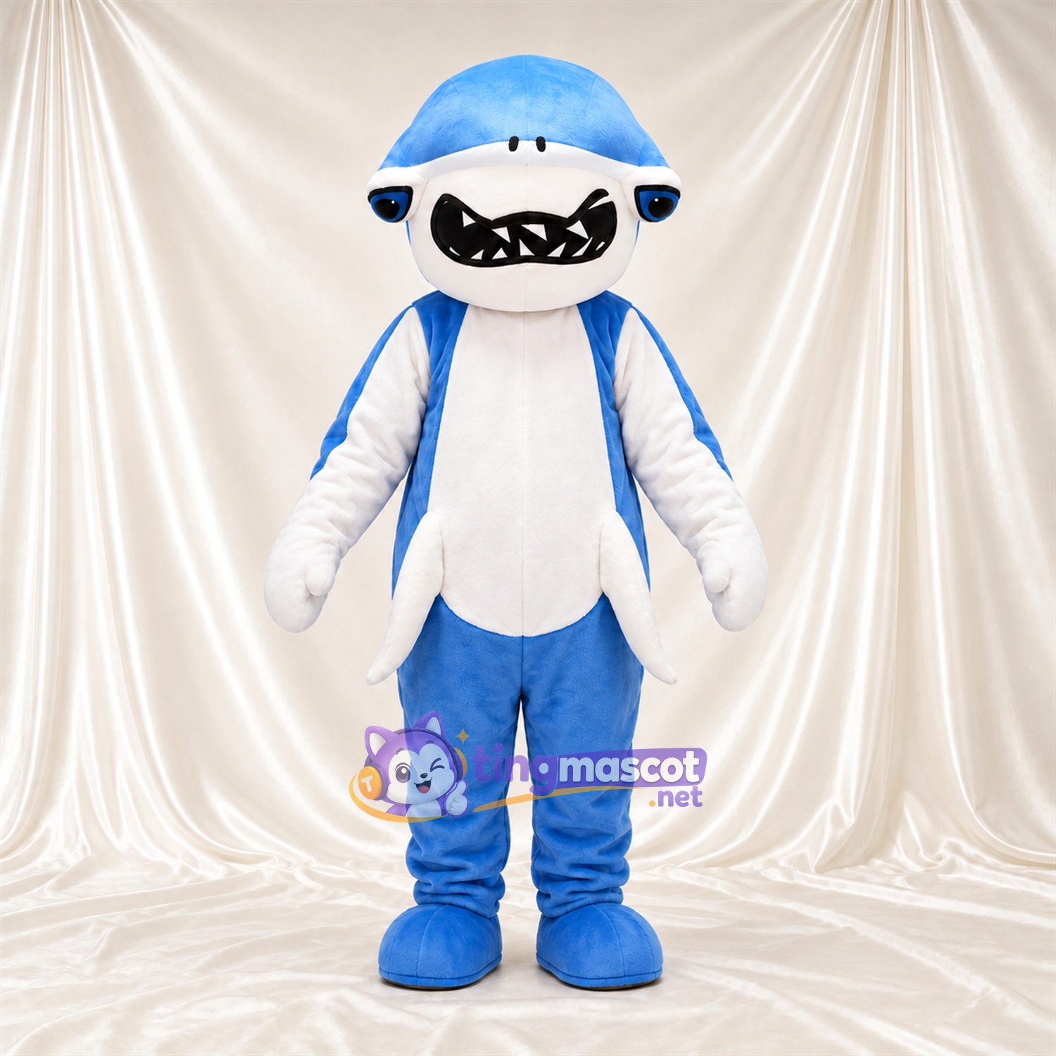 Blue and White Shark Mascot Costume - Fins and Toothy Smile Blue and White Shark Mascot Costume - Fins and Toothy Smile