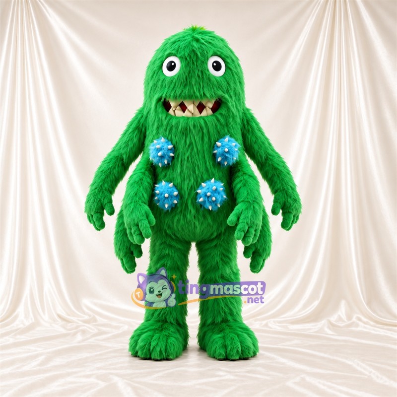Green Monster Mascot Costume - Blue Head Tuft and Shaggy Fur Green Monster Mascot Costume - Blue Head Tuft and Shaggy Fur