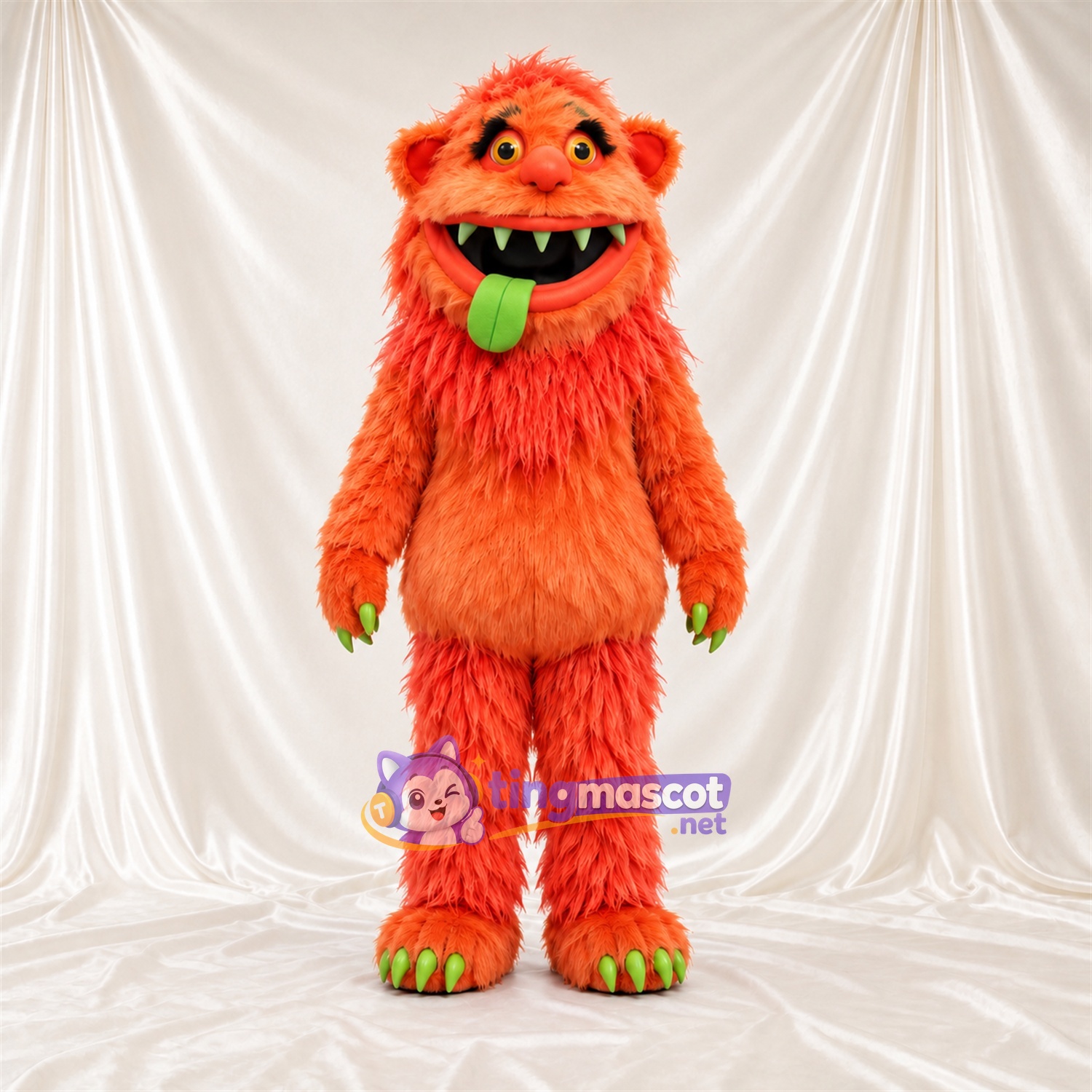 Costume de mascotte Monstre – orange – Gants (vert); Langue (vert) Costume de mascotte Monstre – orange – Gants (vert); Langue (vert)