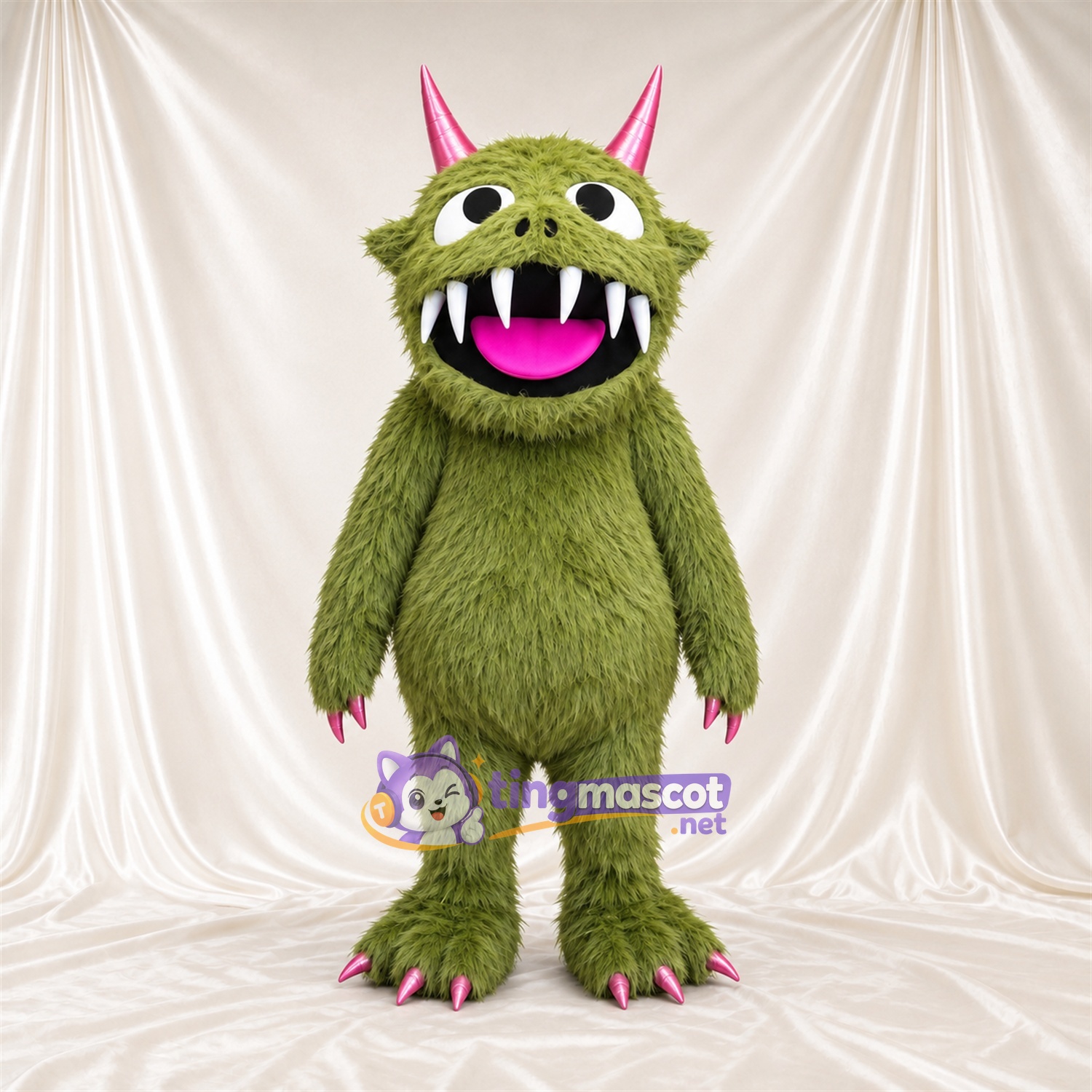 Costume de mascotte Monstre – olive – Cornes (rose); Crocs pointus Costume de mascotte Monstre – olive – Cornes (rose); Crocs pointus