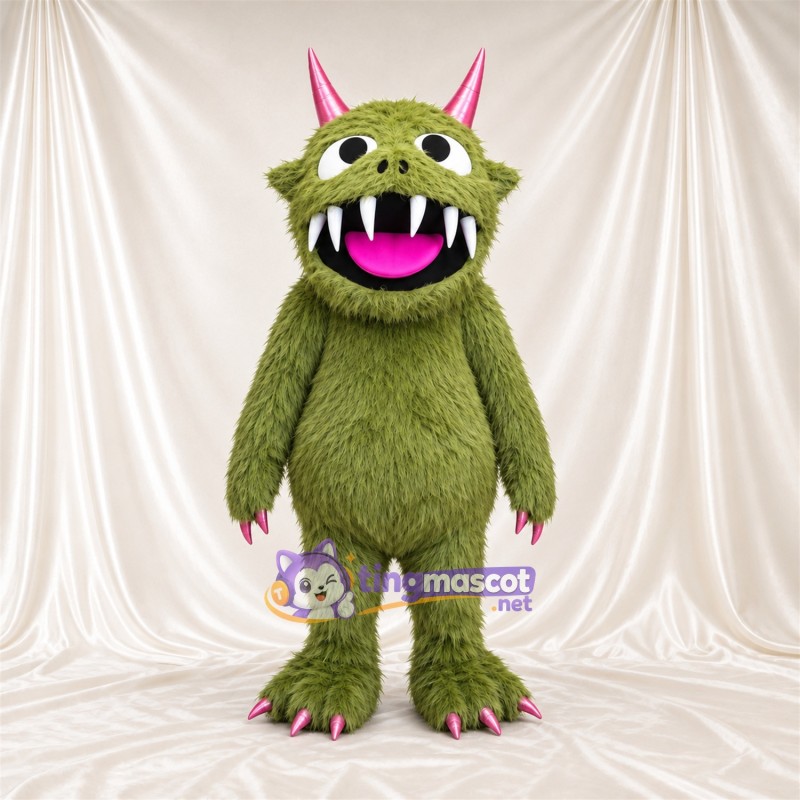 Costume de mascotte Monstre – olive – Cornes (rose); Crocs pointus Costume de mascotte Monstre – olive – Cornes (rose); Crocs pointus