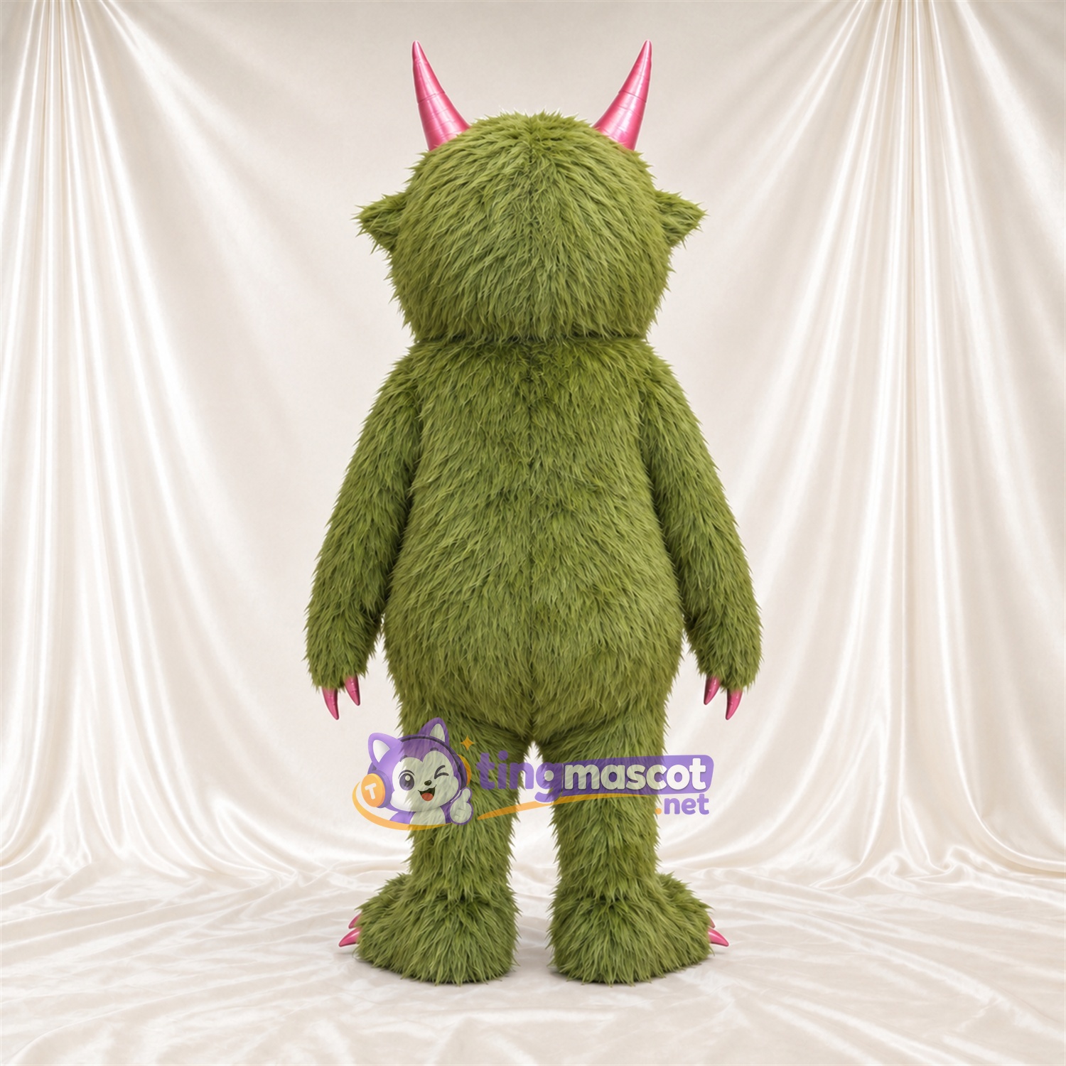 Costume de mascotte Monstre – olive – Cornes (rose); Crocs pointus Costume de mascotte Monstre – olive – Cornes (rose); Crocs pointus