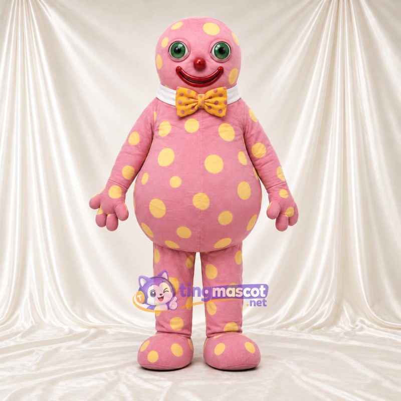 Costume de mascotte Clown – rose – Pois (jaune); Nœud papillon Costume de mascotte Clown – rose – Pois (jaune); Nœud papillon