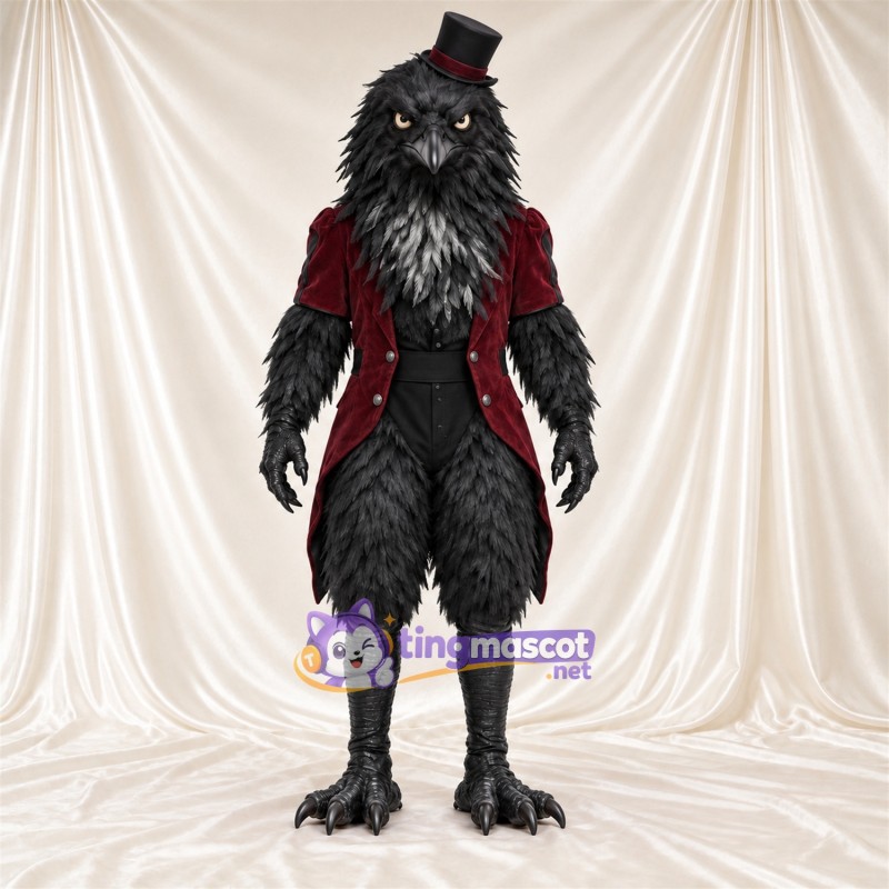 Costume de mascotte Corbeau – noir – Manteau (bordeaux); Haut-de-forme Costume de mascotte Corbeau – noir – Manteau (bordeaux); Haut-de-forme