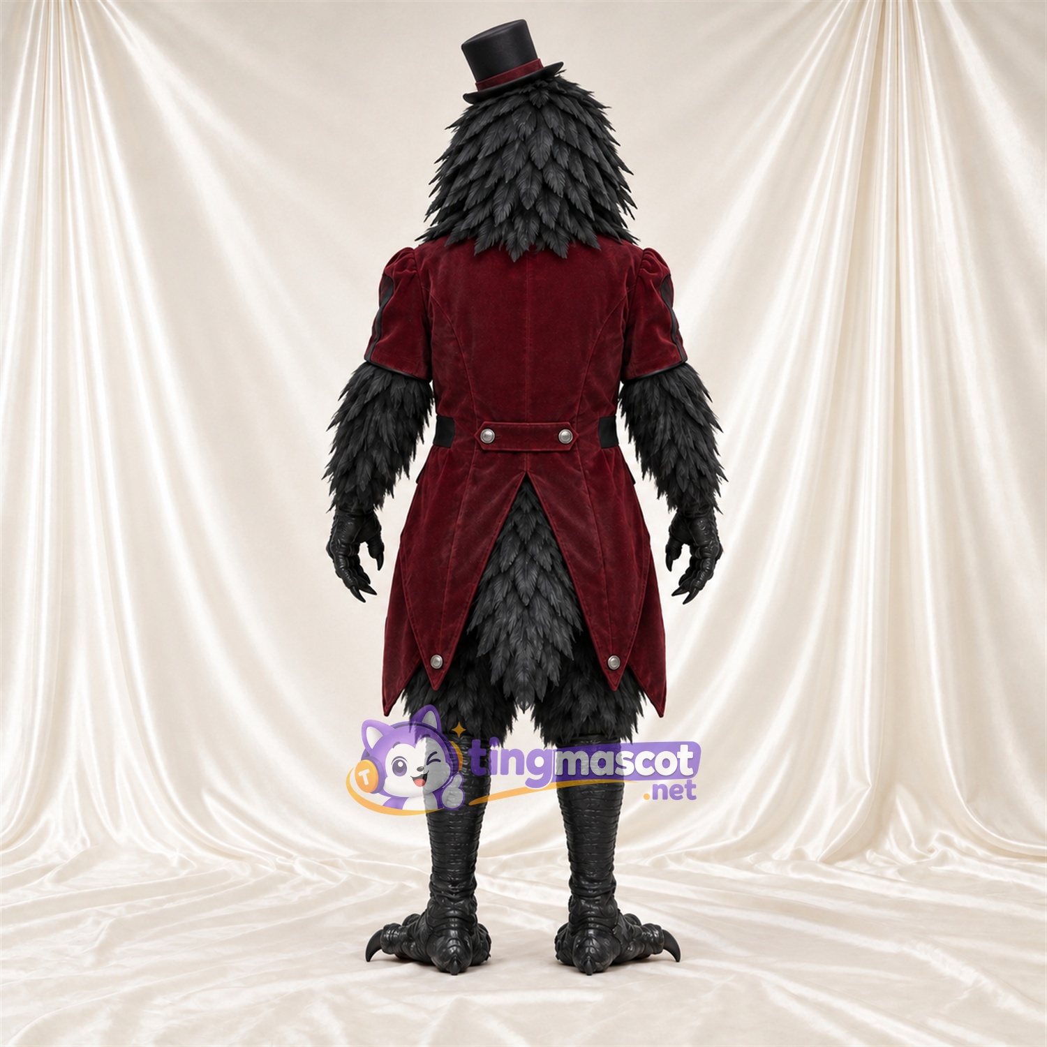 Maskottchenkostüm Rabe – schwarz – Mantel (bordeauxrot); Zylinder Maskottchenkostüm Rabe – schwarz – Mantel (bordeauxrot); Zylinder
