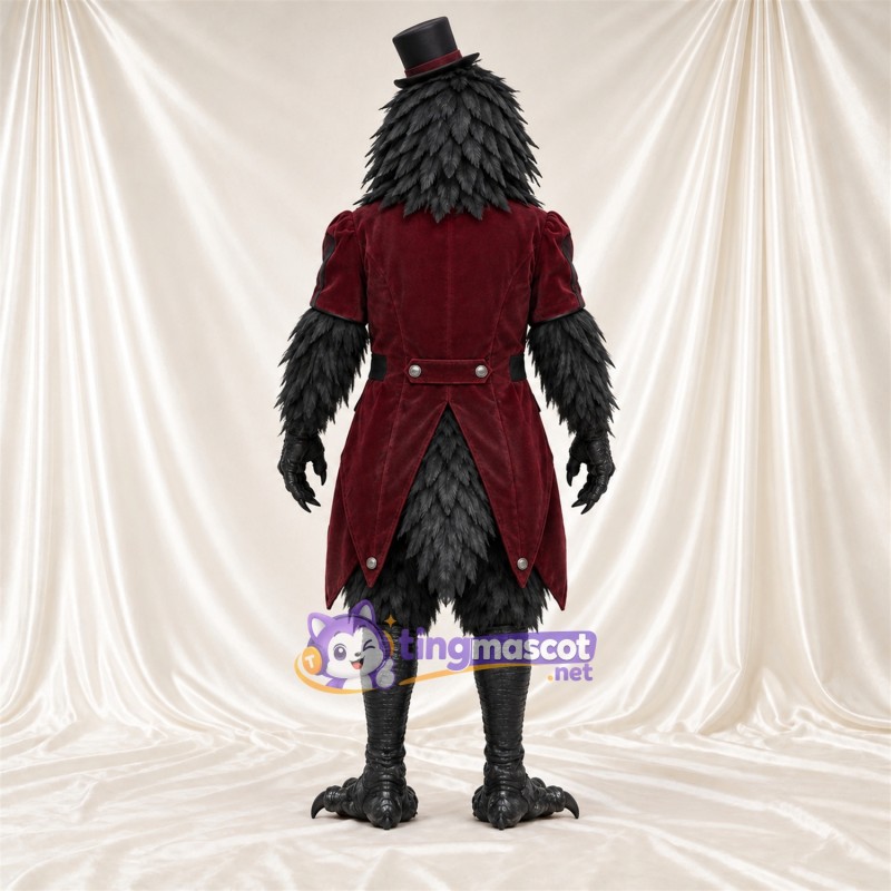Maskottchenkostüm Rabe – schwarz – Mantel (bordeauxrot); Zylinder Maskottchenkostüm Rabe – schwarz – Mantel (bordeauxrot); Zylinder