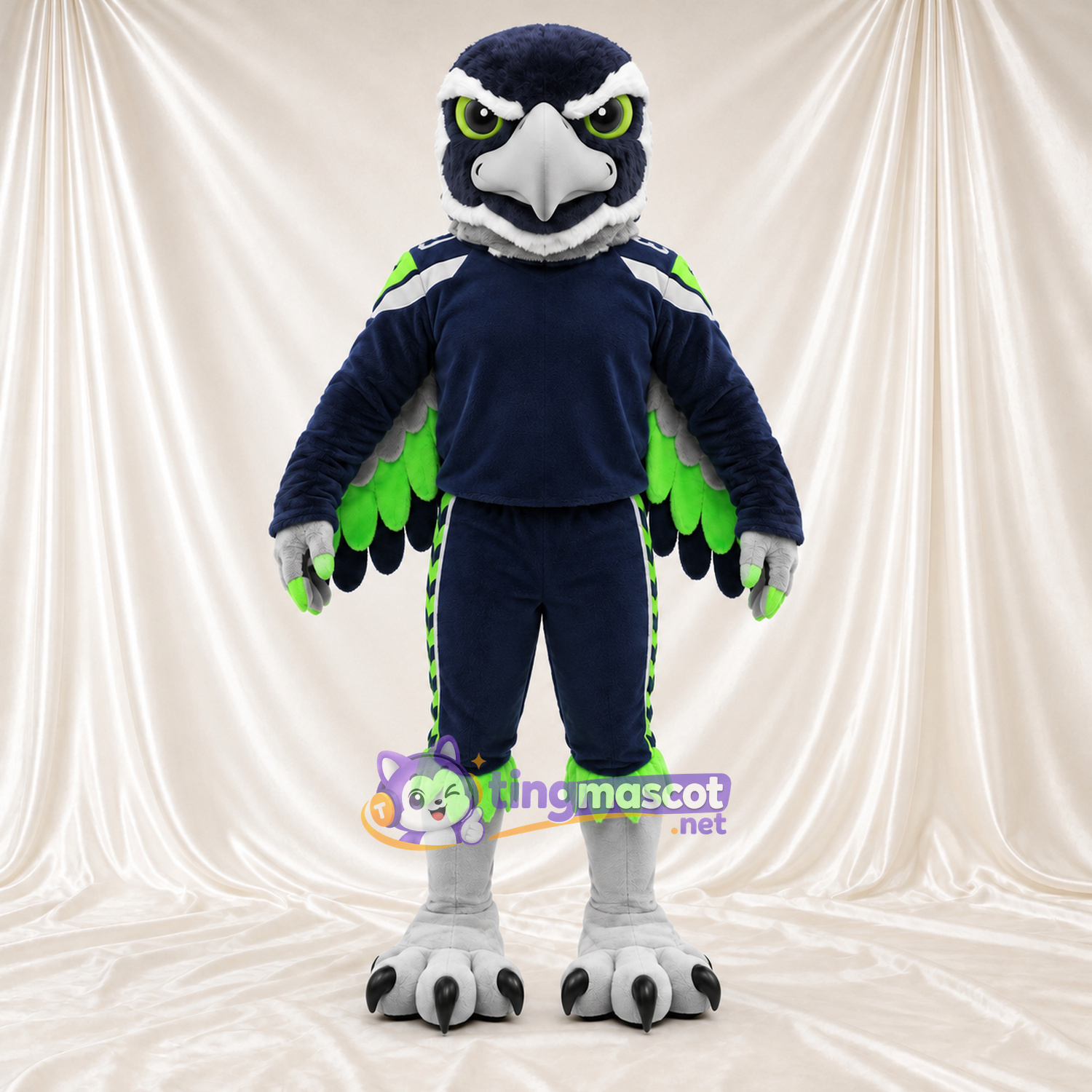 Costume de mascotte Faucon – bleu marine / vert – Bec (gris); Ailes