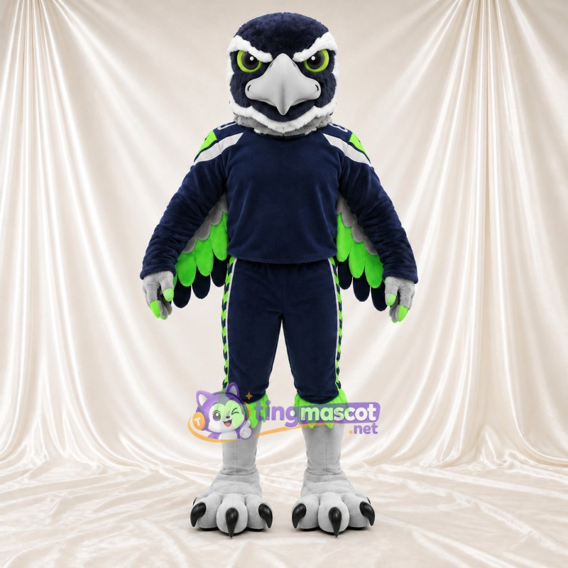 Costume de mascotte Faucon – bleu marine / vert – Bec (gris); Ailes Costume de mascotte Faucon – bleu marine / vert – Bec (gris); Ailes