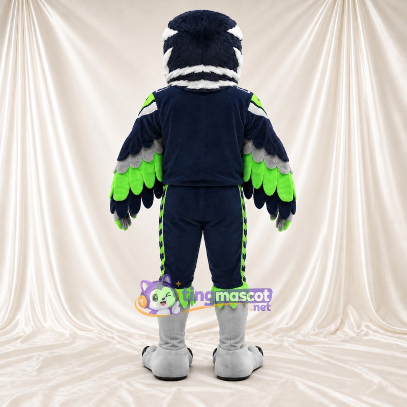 Costume de mascotte Faucon – bleu marine / vert – Bec (gris); Ailes