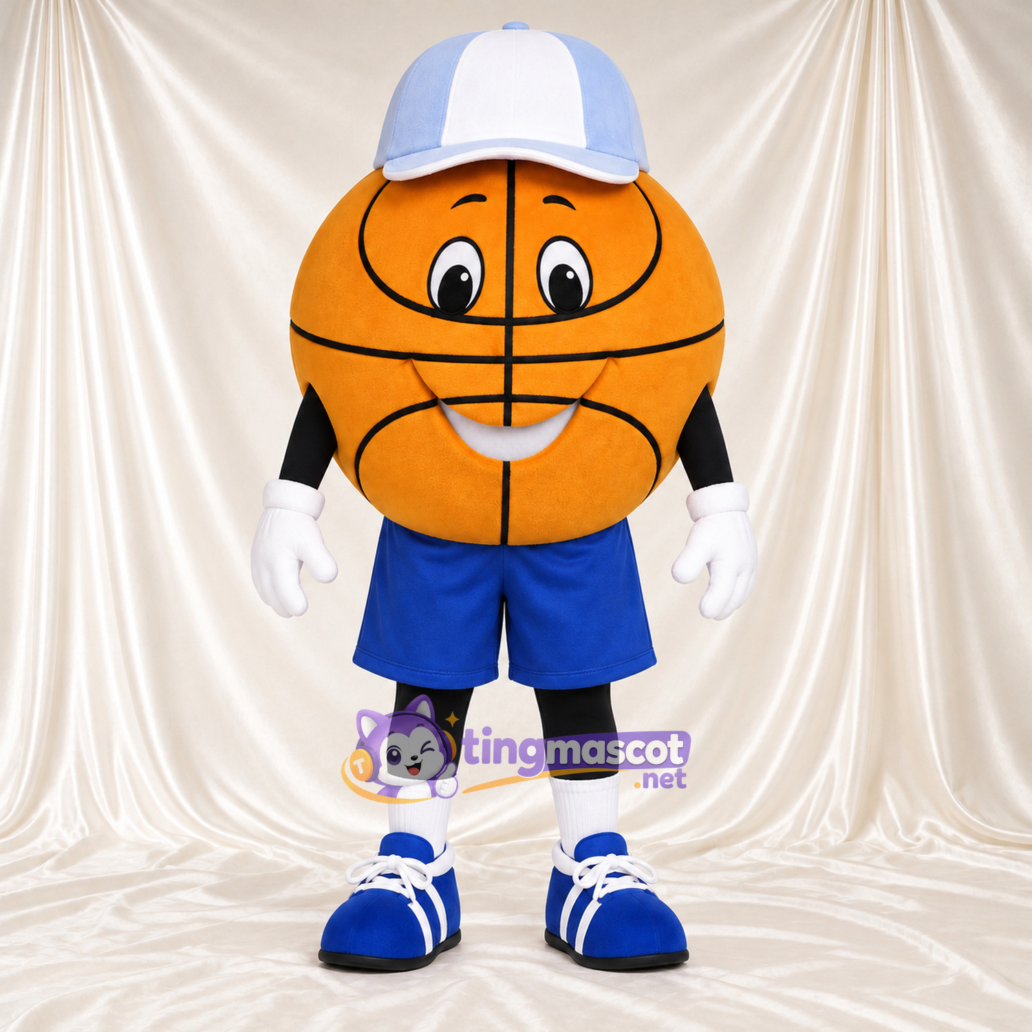 Costume de mascotte Ballon de basket – orange – Short (bleu); Casquette (blanc) Costume de mascotte Ballon de basket – orange – Short (bleu); Casquette (blanc)