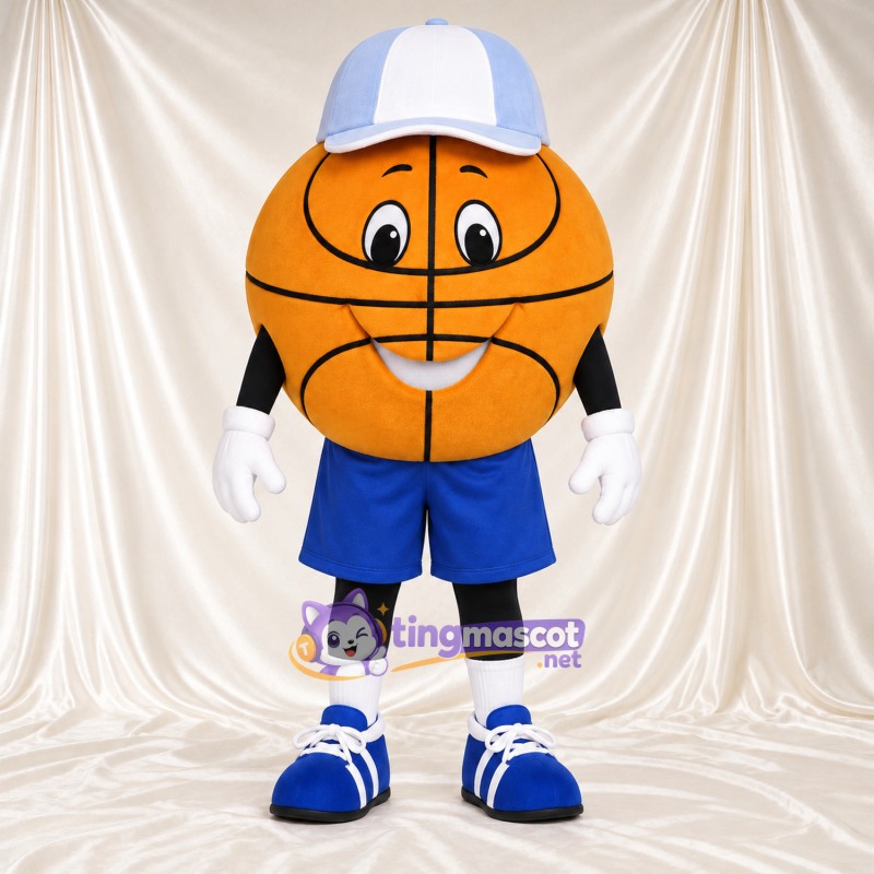 Costume de mascotte Ballon de basket – orange – Short (bleu); Casquette (blanc) Costume de mascotte Ballon de basket – orange – Short (bleu); Casquette (blanc)