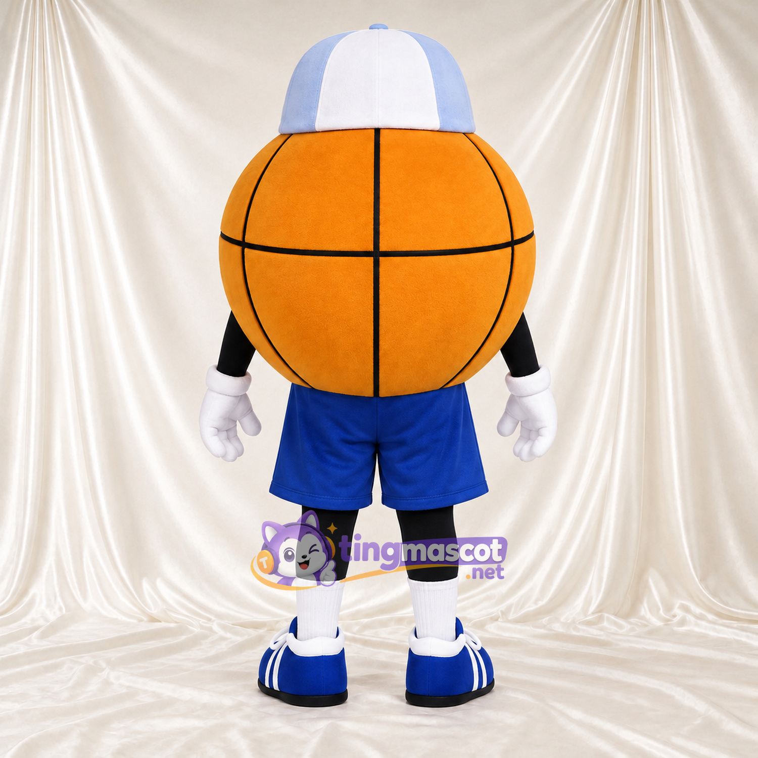 Costume de mascotte Ballon de basket – orange – Short (bleu); Casquette (blanc) Costume de mascotte Ballon de basket – orange – Short (bleu); Casquette (blanc)