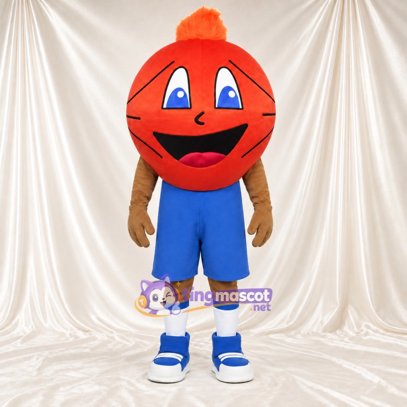 Costume de mascotte Ballon de basket – rouge – Tenue de sport (bleu) Costume de mascotte Ballon de basket – rouge – Tenue de sport (bleu)