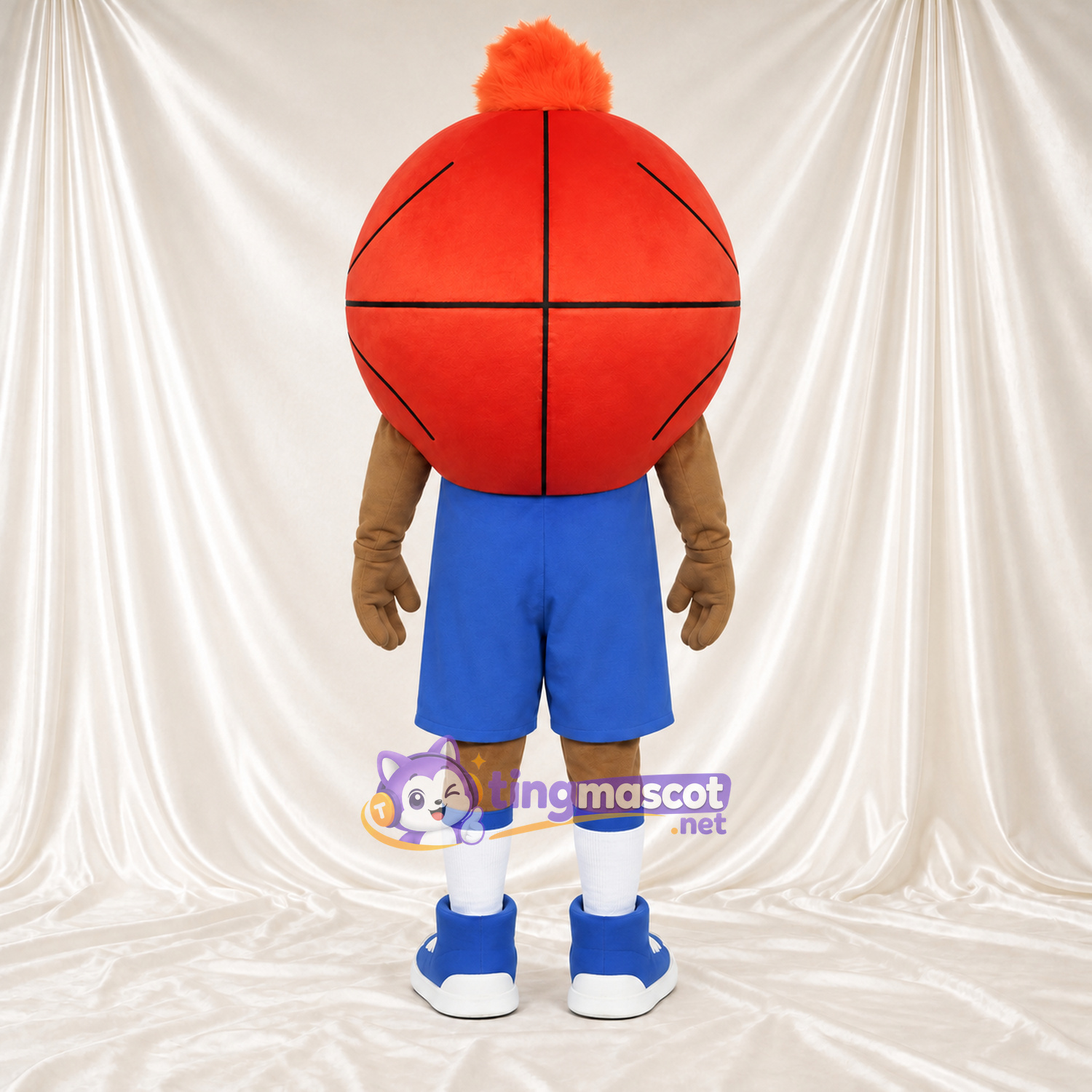 Costume de mascotte Ballon de basket – rouge – Tenue de sport (bleu) Costume de mascotte Ballon de basket – rouge – Tenue de sport (bleu)