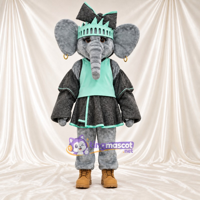 Costume de mascotte Éléphant – gris – Couronne (turquoise); Robe (noir) Costume de mascotte Éléphant – gris – Couronne (turquoise); Robe (noir)