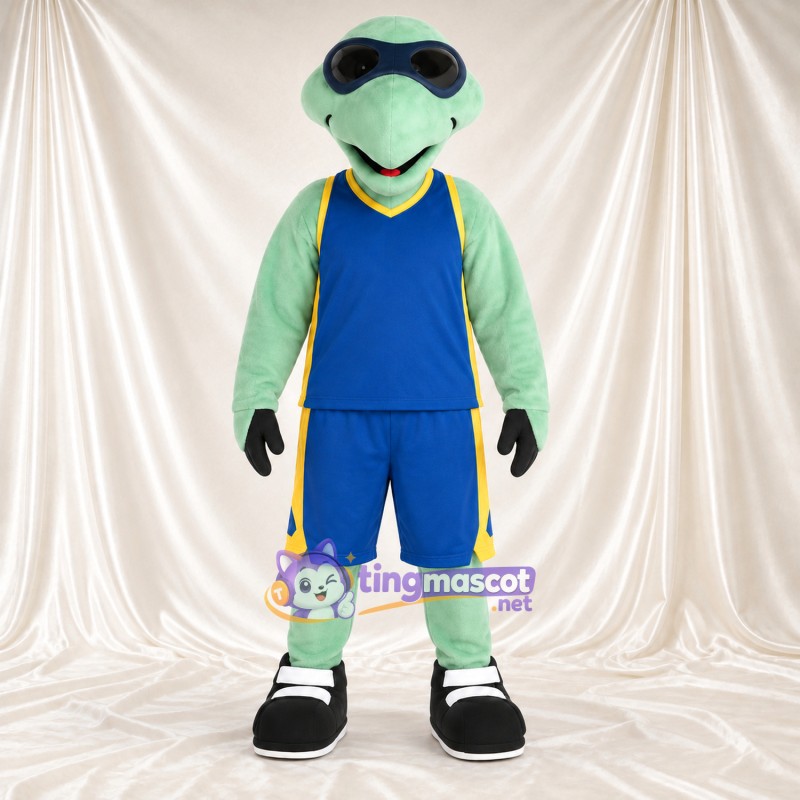Green Turtle Mascot Costume - Blue Sports Uniform and Sunglasses Green Turtle Mascot Costume - Blue Sports Uniform and Sunglasses