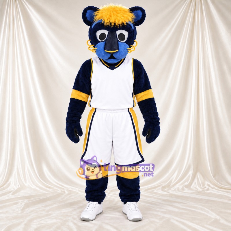 Maskottchenkostüm Bär – blau – Sporttrikot (weiß / gelb) Maskottchenkostüm Bär – blau – Sporttrikot (weiß / gelb)