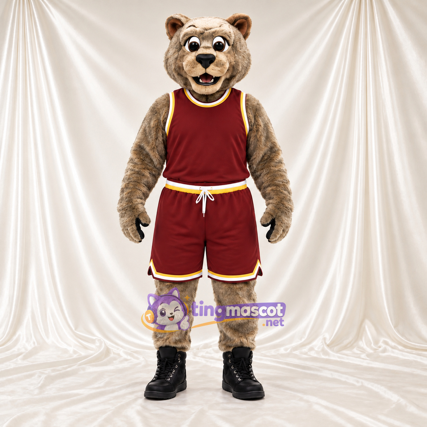 Maskottchenkostüm Bär – braun – Sporttrikot (bordeauxrot) Maskottchenkostüm Bär – braun – Sporttrikot (bordeauxrot)