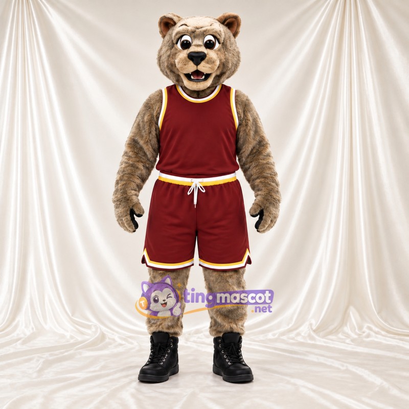 Maskottchenkostüm Bär – braun – Sporttrikot (bordeauxrot) Maskottchenkostüm Bär – braun – Sporttrikot (bordeauxrot)